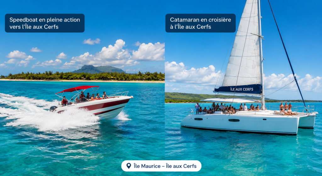 Comparaison entre un bateau rapide en pleine navigation et un catamaran naviguant vers l'Île aux Cerfs à l'île Maurice.