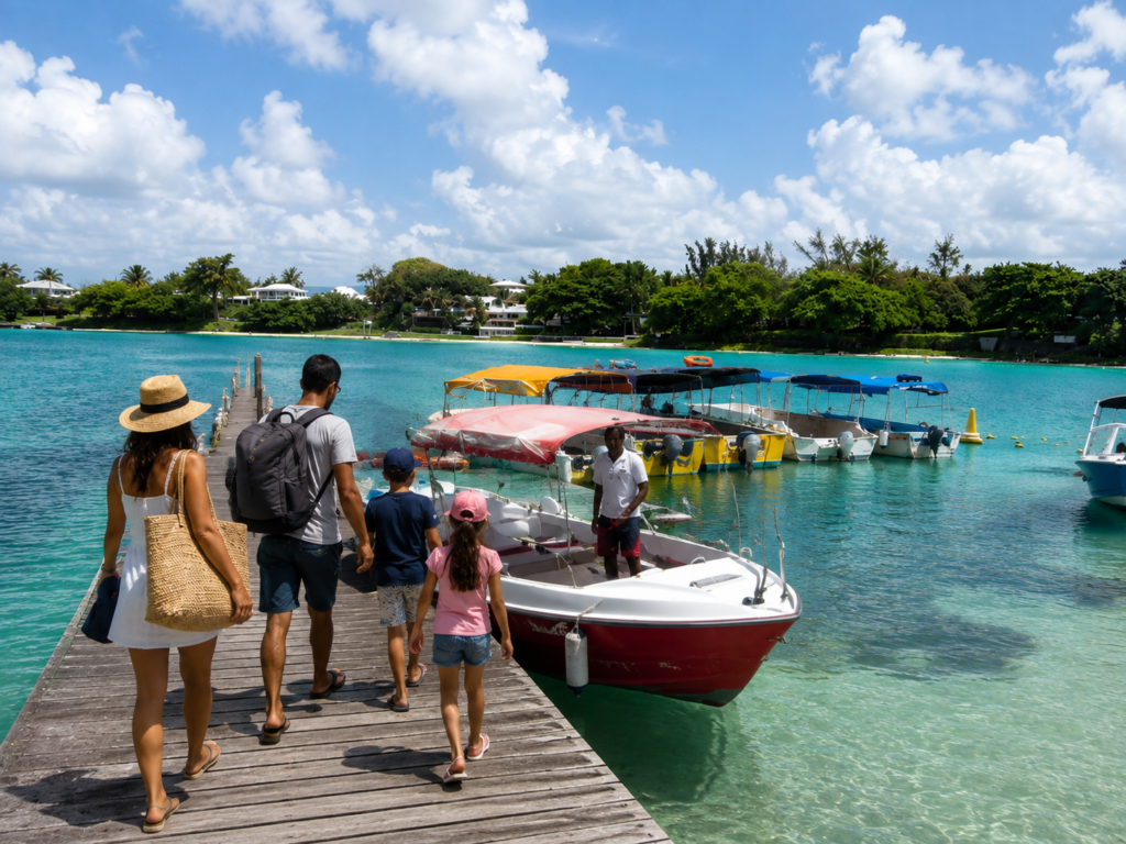 Famille embarquant sur un bateau taxi depuis le quai de Trou d’Eau Douce à l’île Maurice, lagon turquoise et bateaux de transfert