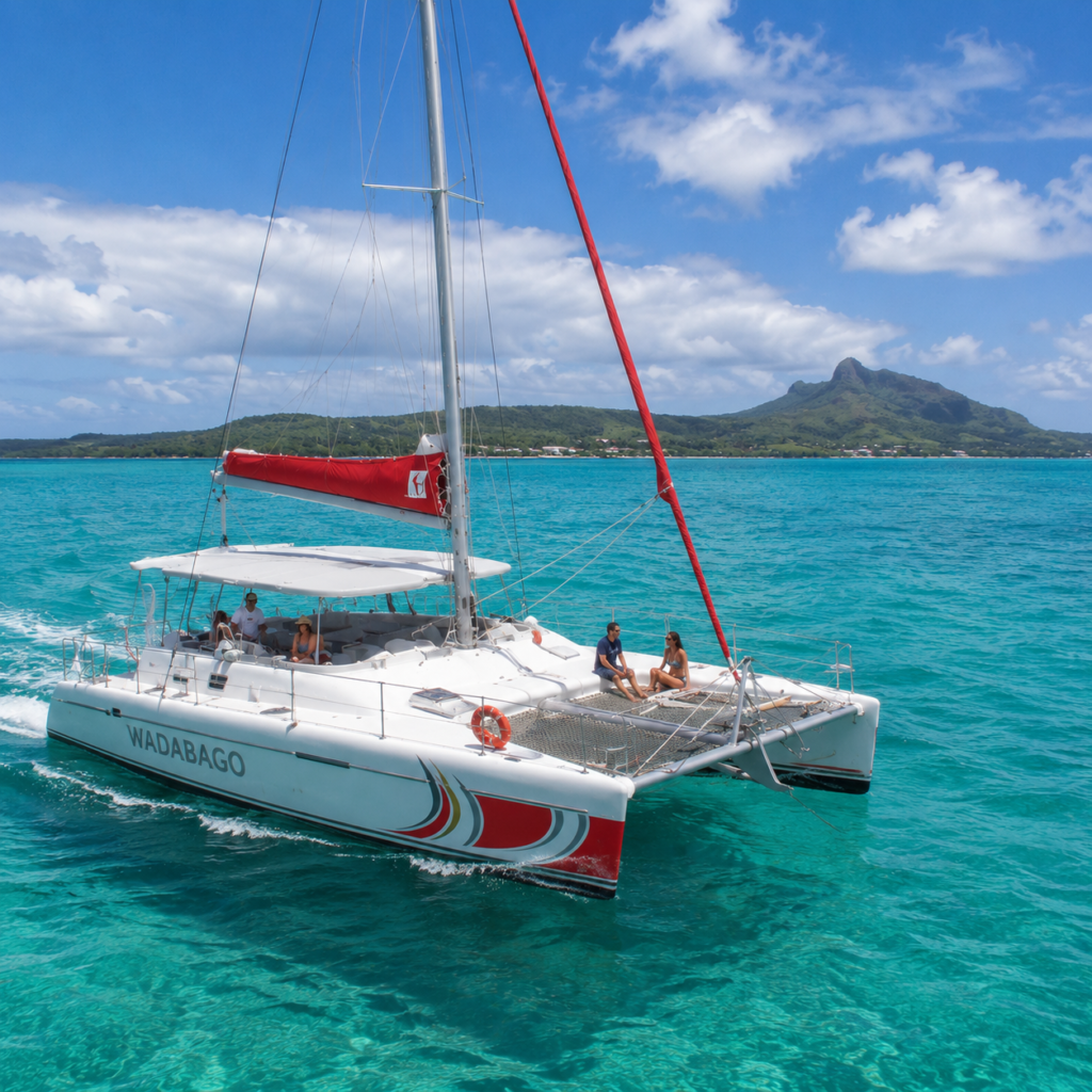 Catamaran en pleine mer vers l’île aux Cerfs à l’île Maurice